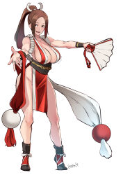 Rule 34 | 1girl, :d, bare shoulders, black footwear, breasts, brown eyes, brown hair, butcha-u, cleavage, fatal fury, full body, hand fan, highres, holding, holding fan, large breasts, loincloth, long hair, looking at viewer, open mouth, paper fan, ponytail, revealing clothes, shiranui mai, simple background, smile, solo, the king of fighters, tiptoes, white background