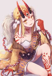 Rule 34 | 1girl, arm support, bare legs, bare shoulders, beads, blonde hair, claws, facial mark, fang, fate/grand order, fate (series), floral print, grey background, hair ornament, head tilt, horns, ibaraki douji (fate), japanese clothes, kimono, knee up, long hair, long sleeves, looking at viewer, makihitsuji, markings, off shoulder, oni, oni horns, open mouth, pointing, pointing at self, prayer beads, rope, shimenawa, simple background, sitting, smirk, solo, very long hair, wide sleeves, yellow eyes