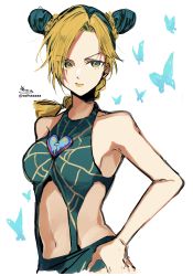 Rule 34 | 1girl, absurdres, animal, bare arms, bare shoulders, blonde hair, braid, breasts, brown eyes, bug, butterfly, collarbone, double bun, green hair, hair bun, hand up, heart, highres, insect, jojo no kimyou na bouken, kuujou jolyne, long hair, medium breasts, multicolored hair, navel, parted bangs, signature, simple background, single braid, sofra, solo, twitter username, two-tone hair, v-shaped eyebrows, white background