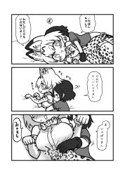 Rule 34 | 10s, 2girls, 3koma, animal ears, bare shoulders, blush, bow, bowtie, breasts, comic, elbow gloves, closed eyes, gloves, greyscale, groping, high-waist skirt, highres, hug, hug from behind, kaban (kemono friends), kemono friends, kotobuki (tiny life), large breasts, lying, monochrome, multiple girls, paw pose, serval (kemono friends), serval print, shirt, short hair, shorts, skirt, translation request, wavy mouth, yuri