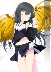 Rule 34 | 1girl, alternate costume, arm up, artist name, asashio (kancolle), black hair, blue eyes, breasts, character name, cheerleader, commentary request, cowboy shot, crop top, closed eyes, flat chest, gluteal fold, hair between eyes, highres, holding, holding pom poms, inaba shiki, kantai collection, long hair, looking at viewer, lying, midriff, miniskirt, navel, panties, pantyshot, pom pom (cheerleading), pom poms, skirt, sleeveless, small breasts, smile, solo, underwear, white panties