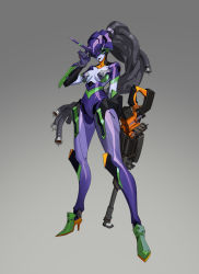 Rule 34 | 1girl, anti-materiel rifle, arm at side, armor, assault rifle, black lips, black nails, bodysuit, breasts, breasts apart, closed mouth, cosplay, covered eyes, dreadlocks, eva 01, eva 01 (cosplay), evangelion: 2.0 you can (not) advance, fingernails, gradient background, gun, hair ornament, hair tie, hand on headwear, hand up, head-mounted display, helmet, high heels, highres, holding, holding gun, holding weapon, kelvin chan, knee pads, legs apart, lipstick, long hair, makeup, nail polish, neon genesis evangelion, overwatch, overwatch 1, pale skin, ponytail, purple bodysuit, rebuild of evangelion, rifle, scope, short sleeves, shoulder pads, small breasts, smile, sniper rifle, solo, standing, turtleneck, vambraces, very long hair, weapon, widowmaker (overwatch)