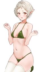 Rule 34 | ahoge, bikini, blush, breasts, cleavage, collarbone, elf, green bikini, groin, ichi854, looking at viewer, mushoku tensei, navel, open mouth, orange eyes, pointy ears, seiza, short eyebrows, short hair, simple background, sitting, small breasts, stomach, swimsuit, sylphiette (mushoku tensei), thighhighs, thighs, white background, white hair, white thighhighs