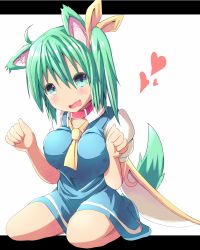 Rule 34 | 1girl, animal ears, blue dress, blue skirt, blush, breasts, collar, daiyousei, dog ears, dog tail, dress, green eyes, green hair, heart, kemonomimi mode, kuromu (underporno), large breasts, letterboxed, looking at viewer, matching hair/eyes, open mouth, short hair, side ponytail, skirt, solo, tail, touhou, wings