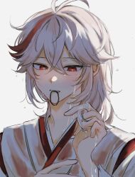 Rule 34 | 1boy, alternate hairstyle, antenna hair, blush, crossed bangs, genshin impact, grey background, grey hair, hair between eyes, hair down, hair tie in mouth, highres, japanese clothes, kaedehara kazuha, male focus, mnce o, mouth hold, multicolored hair, red eyes, red hair, simple background, solo, streaked hair, upper body, wet, wet hair, white background, white hair