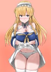 Rule 34 | 1girl, blonde hair, blue shirt, breasts, cleavage, clothes lift, commentary request, double bun, fletcher (kancolle), hair bun, hairband, highres, kamaboko senshi, kantai collection, large breasts, long hair, looking at viewer, neckerchief, off shoulder, panties, pleated skirt, purple eyes, sailor collar, school uniform, serafuku, shirt, skirt, skirt lift, solo, thighhighs, underwear, white panties, white sailor collar, white skirt, white thighhighs, yellow neckerchief