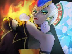 Rule 34 | 1girl, armlet, breasts, detached collar, eyeshadow, fire, ice, large breasts, makeup, nintendo, red lips, sidelocks, smile, solo, the legend of zelda, the legend of zelda: ocarina of time, twinrova, twintails, white hair, yellow eyes