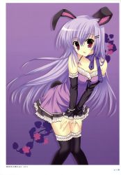 Rule 34 | 1girl, absurdres, animal ears, bare shoulders, black thighhighs, collarbone, detached sleeves, dress, female focus, gradient background, hair ornament, hairclip, highres, leaning forward, long hair, looking at viewer, mitha, necktie, open mouth, original, plant, purple eyes, purple hair, rabbit ears, rabbit tail, solo, tail, thighhighs, very long hair