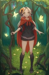 Rule 34 | 1girl, animal ears, black shirt, black shorts, boots, breasts, brown eyes, bug, butterfly, cape, commentary, commission, english commentary, flower, forest, full body, grass, hair flower, hair ornament, highres, holding, holding staff, hood, hood down, hooded cape, hooves, horns, insect, long hair, long sleeves, looking at viewer, monster girl, moss, nature, original, outdoors, parted bangs, parted lips, plant, pointy ears, red cape, satyr, shellvi, shirt, short sleeves, shorts, silver hair, small breasts, solo, staff, standing, tree