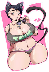 Rule 34 | 1girl, absurdres, animal ears, bare legs, bare shoulders, bikini, breasts, cat ears, cat girl, cat tail, cleavage, curvy, dragoontequila, earrings, highres, huge breasts, jewelry, lips, looking at viewer, original, shiny skin, short hair, simple background, solo, sunglasses, swimsuit, tail, tattoo, thick thighs, thighs, wide hips, yellow eyes