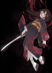 Rule 34 | akagi (kancolle), akagi kai ni (kancolle), alternate costume, black background, black hair, black kimono, commentary, floating hair, floral print, flower, full body, furisode, geta, glowing, glowing eyes, gradient hair, highres, holding, holding sword, holding weapon, japanese clothes, kantai collection, katana, kimono, long hair, long sleeves, looking at viewer, multicolored hair, nami nami (belphegor-5812), obi, parted lips, red hair, red rope, rope, sandals, sash, scabbard, sheath, simple background, smile, solo, spider lily, sword, tabi, weapon, wide sleeves, yellow eyes, yellow sash, zouri
