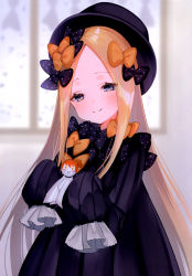 Rule 34 | 1girl, abigail williams (fate), absurdres, black bow, black dress, black hat, blonde hair, blue eyes, blush, bow, breasts, closed mouth, dress, fate/grand order, fate (series), forehead, hair bow, hat, highres, long hair, looking at viewer, multiple hair bows, orange bow, parted bangs, polka dot, polka dot bow, ribbed dress, sleeves past fingers, sleeves past wrists, small breasts, smile, solo, suzuho hotaru, teruterubouzu