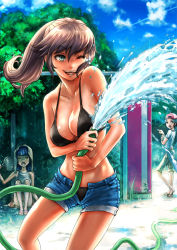 Rule 34 | 3girls, bad id, bad pixiv id, bare shoulders, baseball cap, bikini, black bikini, blue sky, breasts, brown hair, burunuu (bullnukko), chain-link fence, cleavage, closed eyes, cloud, collarbone, contrail, cowboy shot, day, denim, denim shorts, fanning face, fanning self, fence, green eyes, hand fan, hat, hip bones, holding, holding fan, hose, large breasts, looking at another, looking at viewer, looking to the side, multiple girls, one eye closed, open fly, open mouth, original, outdoors, panties, pantyshot, paper fan, pointing, ponytail, sandals, shiny skin, shirt, short shorts, shorts, sitting, skirt, sky, sleeveless, sleeveless shirt, smile, solo focus, spraying, strap gap, summer, swimsuit, t-shirt, tree, uchiwa, underwear, unzipped, upskirt, water, white panties, yawning