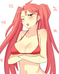Rule 34 | 1girl, bikini, blush, breast hold, breasts, female focus, highschool of the dead, long hair, looking at viewer, miyabi (reef), one eye closed, open mouth, pink hair, solo, swimsuit, takagi saya, twintails, upper body, wink, yellow eyes