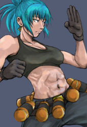 Rule 34 | 1girl, abs, armpits, arms up, bad anatomy, blue eyes, blue hair, breasts, cleavage, crop top, earrings, explosive, eyelashes, gloves, grenade, jewelry, leona heidern, long hair, looking away, matching hair/eyes, midriff, mimiyama kiichi, pants, ponytail, purple background, signature, simple background, snk, solo, sports bra, tank top, the king of fighters