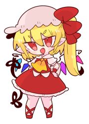 Rule 34 | 1girl, ascot, back bow, blonde hair, bow, collared shirt, crystal, fang, flandre scarlet, frilled skirt, frills, hat, hat ribbon, highres, laevatein (touhou), mary janes, medium hair, mob cap, one side up, op na yarou, puffy short sleeves, puffy sleeves, red eyes, red footwear, red ribbon, red skirt, red vest, ribbon, shirt, shoes, short sleeves, siblings, side ponytail, simple background, sisters, skirt, skirt set, smile, solo, touhou, vest, white background, white bow, white hat, white shirt, wings, wrist cuffs, yellow ascot