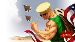 Rule 34 | 1boy, aircraft, airplane, american flag, biceps, blonde hair, blue sky, capcom, contrail, enrique, guile, highres, jacket, jacket over shoulder, unworn jacket, jet, logo, male focus, muscular, sky, sleeveless, smile, solo, street fighter, street fighter v, sunglasses, tattoo, thumbs up, toned