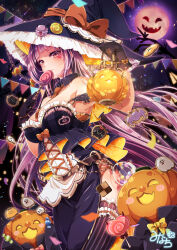 Rule 34 | 1girl, bare shoulders, bat (animal), blue dress, bow, bowtie, breasts, candy, commentary, cowboy shot, detached collar, dress, english commentary, food, food-themed hair ornament, ghost, hair ornament, halloween, hat, highres, holding, holding food, holding pumpkin, holding vegetable, jack-o&#039;-lantern, large breasts, lollipop, long hair, moon, orange bow, orange bowtie, orange ribbon, original, outdoors, pink hair, pumpkin, pumpkin hair ornament, purple eyes, purple hair, ribbon, shidou riko, side slit, star (sky), striped clothes, striped thighhighs, swirl lollipop, thighhighs, vegetable, vertical-striped clothes, vertical-striped thighhighs, witch, witch hat