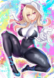 Rule 34 | 1girl, absurdres, blonde hair, bodysuit, breasts, commentary request, commission, cosplay, covered navel, grin, highres, hood, hooded bodysuit, kitagawa marin, large breasts, long hair, looking at viewer, marvel, nez-box, pink eyes, smile, solo, sono bisque doll wa koi wo suru, spider-gwen, spider-gwen (cosplay), spider-man (series), thighs