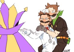 Rule 34 | 3boys, angry, artist name, brothers, brown hair, carrying, clenched teeth, dimentio, dr. mario, dr. mario (game), facial hair, gloves, hat, head mirror, jester cap, lab coat, luigi, male focus, mario, mario (series), meme, mr. l, multiple boys, mustache, nintendo, nowitsevenhotter, paper mario, siblings, stethoscope, super paper mario, teeth, white background, white gloves