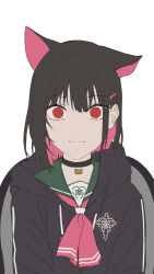 Rule 34 | 1girl, animal ears, black choker, black hair, black hoodie, blue archive, cat ears, choker, closed mouth, colored inner hair, commentary, english commentary, extra ears, green sailor collar, highres, hood, hood down, hoodie, kazusa (blue archive), looking at viewer, mads ez, multicolored hair, neckerchief, no halo, pink hair, pink neckerchief, red eyes, sailor collar, school uniform, short hair, sketch, solo, upper body, white background