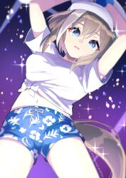 Rule 34 | 1girl, :d, blue eyes, blue scrunchie, blue shorts, brown hair, cheval grand (umamusume), from below, gaze on me! outfit (umamusume), hair between eyes, highres, horse girl, looking at viewer, midriff, multicolored hair, navel, official alternate costume, open mouth, purple background, sangria (sangria69), scrunchie, shirt, short hair, shorts, smile, solo, streaked hair, t-shirt, tied shirt, twitter username, umamusume, white hair, white headwear, white shirt, wrist scrunchie