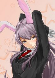 Rule 34 | 1girl, animal ears, arms up, blazer, blush, breasts, collared shirt, gloves, grey eyes, grey hair, highres, jacket, kiyonetto, light purple hair, lips, long hair, looking at viewer, medium breasts, necktie, purple eyes, rabbit ears, reisen udongein inaba, shirt, solo, star (symbol), starry background, touhou, upper body, white gloves