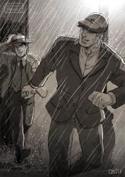 Rule 34 | 2boys, animification, artist name, beret, couple, cris art, formal, greyscale, hat, holding hands, hulkling, jacket, looking at another, male focus, marvel, monochrome, multiple boys, necktie, open clothes, open jacket, open mouth, outdoors, pants, patreon username, rain, shirt, short hair, smile, suit, teeth, vest, wet, wet clothes, wet jacket, wet pants, wiccan, yaoi