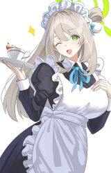 Rule 34 | 1girl, absurdres, apron, black dress, black tea, blue archive, blush, breasts, cup, dress, fingernails, frilled apron, frills, green eyes, green halo, halo, highres, holding, large breasts, light brown hair, long hair, long sleeves, looking at viewer, nonomi (blue archive), one eye closed, open mouth, simple background, smile, solo, sysen, tea, white apron, white background