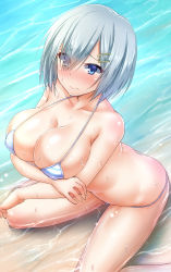 Rule 34 | 10s, 1girl, arima kouichi, bikini, blue bikini, blue eyes, blue hair, blush, breast hold, breasts, cleavage, closed mouth, crossed arms, embarrassed, hair ornament, hairclip, hamakaze (kancolle), highres, kantai collection, large breasts, micro bikini, short hair, sitting, solo, striped bikini, striped clothes, swimsuit, wading, wariza, water, wavy mouth, wet