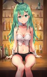 Rule 34 | 1girl, alternate costume, animal ears, aqua eyes, aqua hair, arms at sides, bar (place), black pants, bottle, breasts, cleavage, collarbone, cup, detached collar, drinking glass, fake animal ears, grin, hair ornament, hairclip, indoors, kantai collection, knees together feet apart, leotard, long hair, looking at viewer, medium breasts, navel, pants, playboy bunny, rabbit ears, rin yuu, short shorts, shorts, sitting, smile, solo, straight hair, suspender shorts, suspenders, suzuya (kancolle), tavern, wrist cuffs