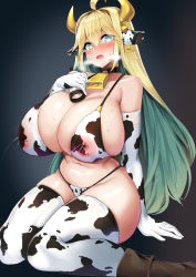Rule 34 | 1girl, ahoge, animal ears, animal print, bell, neck bell, blonde hair, blush, boots, breasts, breath, choker, colored inner hair, cow ears, cow girl, cow horns, cow print, cowbell, ear tag, elf, elven forest maker, green hair, heart, heart-shaped pupils, highres, horns, huge breasts, kirome (kamipaper), lactation, last origin, looking at viewer, multicolored hair, open mouth, pointy ears, saliva, sitting, solo, symbol-shaped pupils, wariza