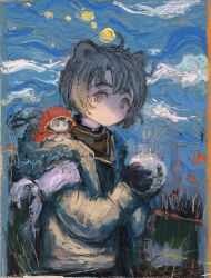 Rule 34 | 1girl, absurdres, ahoge, animal ears, black gloves, black shirt, brown eyes, brown hair, ciel (paradis47), closed mouth, cowboy shot, cup, expressionless, faux traditional media, gloves, highres, holding, holding cup, jacket, long sleeves, looking at viewer, moon, mouse (animal), mouse ears, original, red hood, shirt, short hair, sky, solo