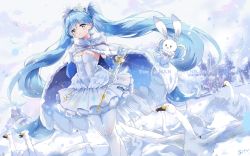 Rule 34 | 1girl, aqua eyes, aqua hair, arm up, asahi kuroi, bird, blush, breasts, cape, dress, earrings, elbow gloves, eyebrows, feathers, gloves, goose, hatsune miku, highres, holding, jewelry, long hair, looking at viewer, open mouth, pantyhose, petticoat, rabbit, signature, sleeveless, sleeveless dress, snow, snowing, solo, twintails, very long hair, vocaloid, wand, white cape, white dress, white gloves, white pantyhose, yuki miku, yuki miku (2018) (applicant), yukine (vocaloid)