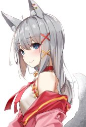 Rule 34 | 1girl, absurdres, ahoge, animal ear fluff, animal ears, bell, black hair, blue eyes, blush, breasts, choker, closed mouth, copyright request, ear piercing, fox ears, fox tail, from side, hair ornament, highres, lips, long hair, looking at viewer, medium breasts, neck bell, piercing, sidelocks, silver hair, simple background, slit pupils, smile, solo, tagme, tail, upper body, wet.elephant, white background, x hair ornament