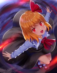 Rule 34 | 1girl, absurdres, ascot, black dress, blonde hair, blush, collared shirt, dress, fang, hair ribbon, highres, loafers, long sleeves, mikomiko (mikomikosu), open mouth, red ascot, red eyes, red footwear, red ribbon, ribbon, rumia, shirt, shoes, short hair, smile, socks, solo, touhou, white shirt, white socks