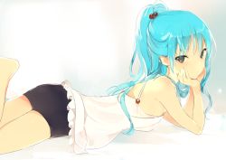 Rule 34 | 1girl, aqua hair, bad id, bad tumblr id, bare arms, bare legs, bare shoulders, barefoot, black shorts, blue hair, breasts, brown eyes, camisole, copyright request, frills, from side, hair bobbles, hair ornament, hands on own cheeks, hands on own face, leg up, long hair, looking at viewer, looking to the side, lpip, lying, medium breasts, on stomach, ponytail, shorts, simple background, sleeveless, solo, spaghetti strap, the pose, white background