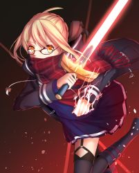Rule 34 | 1girl, ahoge, aidesa, artoria pendragon (all), artoria pendragon (fate), bad id, bad pixiv id, black thighhighs, blonde hair, braid, electricity, fate/grand order, fate (series), garter straps, glasses, glowing, glowing sword, glowing weapon, gradient background, highres, holding, holding sword, holding weapon, jacket, looking at viewer, mysterious heroine x alter (fate), mysterious heroine x alter (first ascension) (fate), plaid, plaid scarf, red scarf, saber (fate), scarf, scarf over mouth, school uniform, skirt, sleeves past wrists, solo, sword, thighhighs, weapon, yellow eyes