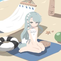 Rule 34 | 1girl, anchor, asymmetrical bangs, bad id, bad twitter id, basket, bb5 hz, casual one-piece swimsuit, crop top, earrings, flower, frilled swimsuit, frills, grey hair, hair flower, hair ornament, hairband, hammock, highleg, highleg swimsuit, innertube, jewelry, kantai collection, long hair, looking at viewer, no lineart, official alternate costume, one-piece swimsuit, purple eyes, sagiri (kancolle), side-tie swimsuit, sitting, solo, starfish, swept bangs, swim ring, swimsuit, wariza, white one-piece swimsuit