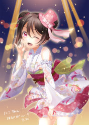 Rule 34 | 1girl, ;), alternate hairstyle, artist name, artist request, bare legs, bare shoulders, black hair, blue sky, blush, bow, breasts, cloud, commentary request, double bun, female focus, floral print, flower print, frilled kimono, frills, hair between eyes, hair bow, hair bun, hat, hat bow, hat ribbon, highres, japanese clothes, kimono, kimono skirt, konro kai, light beam, long sleeves, looking at viewer, love live!, love live! school idol festival, love live! school idol project, m/, medium breasts, mini hat, miniskirt, nail, nail polish, night, night sky, obi, one eye closed, outdoors, parted lips, pink bow, pink hat, pink nails, pink skirt, plaid, plaid skirt, pleated, pleated skirt, red bow, red eyes, red skirt, ribbon, sash, short hair, skirt, sky, smile, solo, star (sky), striped, striped bow, translated, translation request, two-tone skirt, v-shaped eyebrows, white kimono, white ribbon, white skirt, yazawa nico