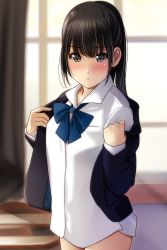 Rule 34 | 1girl, :o, absurdres, black hair, black jacket, blazer, blue bow, blurry, blurry background, blush, bow, brown eyes, cowboy shot, curtains, depth of field, hair between eyes, highres, indoors, jacket, looking at viewer, matsunaga kouyou, no pants, nose blush, open clothes, open jacket, original, parted lips, shirt, solo, white shirt, window