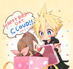 Rule 34 | 1boy, 1girl, aerith gainsborough, arm ribbon, armor, black gloves, blonde hair, blue eyes, blue shirt, blush, box, brown hair, character name, chibi, cloud strife, confetti, dated, closed eyes, final fantasy, final fantasy vii, final fantasy vii advent children, gift, gift box, gloves, hair between eyes, hair ribbon, happy birthday, high collar, jacket, krudears, long hair, looking at another, open collar, open mouth, outstretched arm, pink ribbon, ponytail, red jacket, ribbon, shirt, short hair, short sleeves, shoulder armor, sidelocks, sleeveless, sleeveless shirt, smile, speech bubble, spiked hair, yellow background, yellow ribbon