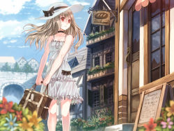 Rule 34 | 1girl, bag, bare shoulders, blurry, bow, breasts, building, choker, cleavage, cloud, collarbone, day, depth of field, dress, flower, frilled dress, frills, grey hair, hat, house, long hair, medium breasts, original, parsley-f, red eyes, shop, sky, solo, sun hat, town