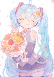 Rule 34 | 1girl, absurdres, amakawa tamawo, armpit crease, bare shoulders, belt, black thighhighs, blue hair, blue nails, blue necktie, blurry, blush stickers, bouquet, butterfly ornament, closed eyes, collared shirt, colorful, contrapposto, cowboy shot, depth of field, detached sleeves, dot nose, facing viewer, fingernails, flat chest, flower, grey shirt, grin, hair between eyes, hair flower, hair ornament, hand up, happy, hatsune miku, highres, holding, holding bouquet, leaf, light particles, long hair, loose belt, nail polish, necktie, number tattoo, orange flower, orange ribbon, pastel colors, petals, pink flower, pink rose, plaid, red flower, red rose, ribbon, rose, shiny skin, shirt, shoulder tattoo, signature, simple background, sleeveless, sleeveless shirt, sleeves past wrists, smile, solo, sparkle, striped ribbon, tattoo, thigh gap, thighhighs, twintails, v, very long hair, vocaloid, white background, white flower, yellow flower, zettai ryouiki