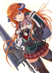Rule 34 | 1girl, :d, arknights, bagpipe (arknights), black gloves, blue eyes, commentary, cowboy shot, gloves, green jacket, hand up, highres, horns, id card, jacket, lance, long hair, long sleeves, looking at viewer, mg42cat-k1ng, miniskirt, open mouth, orange hair, plaid, plaid skirt, polearm, pouch, red skirt, skirt, smile, solo, standing, thighhighs, weapon, white background, wing collar, zettai ryouiki