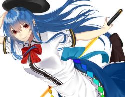 Rule 34 | 1girl, apron, arm behind back, arm up, black hat, blouse, blue hair, blue skirt, bow, bowtie, buttons, collared shirt, commentary request, cowboy shot, dutch angle, fingernails, floating hair, frilled skirt, frills, hair between eyes, hat, highres, hinanawi tenshi, holding, holding sword, holding weapon, long fingernails, long hair, looking at viewer, onineko-chan, parted lips, print shirt, red bow, red bowtie, red eyes, red ribbon, ribbon, shirt, short sleeves, simple background, skirt, smile, solo, sword, sword of hisou, touhou, waist apron, weapon, white apron, white background, white shirt, wind