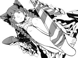 Rule 34 | 1girl, animal ears, barefoot, bell, blush, bow, braid, cat ears, choker, closed mouth, collar, dutch angle, feet, foot focus, full body, greyscale, hair bow, high heels, holding, holding shoes, jingle bell, kaenbyou rin, looking at viewer, monochrome, neck bell, ruukii drift, shoe soles, shoes, short hair with long locks, simple background, sitting, sock pull, soles, solo, strappy heels, striped clothes, striped thighhighs, thighhighs, thighhighs pull, toes, touhou, twin braids, undressing, unworn shoes, white background
