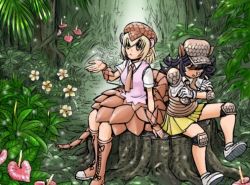 Rule 34 | 2girls, animal ears, armadillo ears, armor, armored skirt, black hair, blonde hair, boots, bracer, collared shirt, commentary request, crossed arms, day, elbow pads, extra ears, closed eyes, flower, full body, giant armadillo (kemono friends), giant pangolin (kemono friends), hand up, hat, kemono friends, knee up, kneepits, long hair, looking up, medium hair, medium skirt, miniskirt, multiple girls, necktie, open mouth, outdoors, ozora tetsu, pangolin ears, pangolin tail, plant, pleated skirt, shirt, shoes, short sleeves, shoulder armor, sidelocks, sitting, skirt, sneezing, snot, sweater vest, tail, tree stump, water drop, wing collar