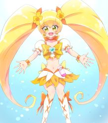 Rule 34 | 1girl, :d, absurdres, blonde hair, blue background, boots, bow, brooch, choker, crop top, cure sunshine, earrings, flower, hair bow, hair flower, hair ornament, heart, heart brooch, heartcatch precure!, highres, jewelry, knee boots, light particles, long hair, looking at viewer, magical girl, midriff, myoudouin itsuki, navel, open mouth, orange bow, orange choker, orange skirt, outstretched arms, precure, puffy sleeves, ribbon choker, rii (rii0 02), skirt, smile, solo, spread arms, twintails, white footwear, wrist cuffs, yellow bow, yellow eyes