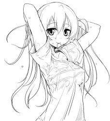 Rule 34 | 10s, 1girl, adjusting hair, arms up, collarbone, greyscale, hair tie, hairband, hirowa nagi, long hair, love live!, love live! school idol project, monochrome, mouth hold, see-through, shirt, simple background, sketch, solo, sonoda umi, standing, t-shirt, upper body, wet, wet clothes, wet shirt, white background